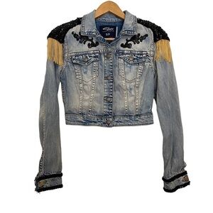Silver jeans jacket crop funky fringe lace embellish light wash blue denim small